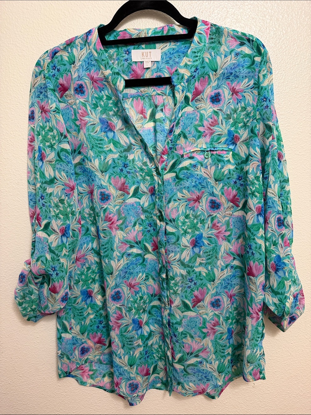Kut from the Kloth Teal Floral Button-Down Blouse with Pink Accents